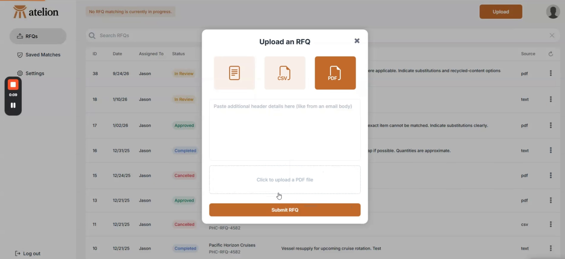 Atelion’s Upload an RFQ dialog with text, CSV and PDF options and a field for additional email details.