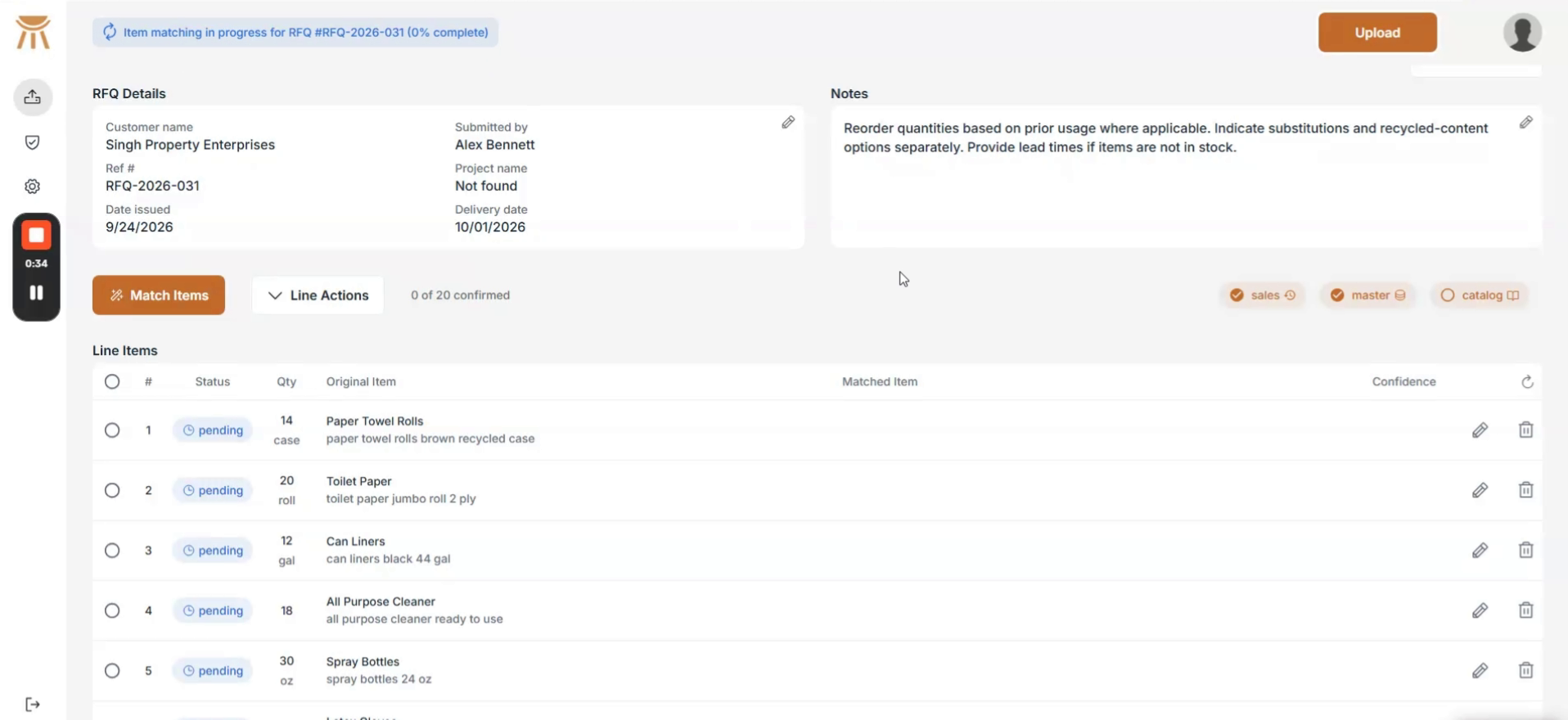 Extracted RFQ for Singh Property Enterprises, showing Alex Bennett, issue and delivery dates, customer notes and a table of requested items and quantities.