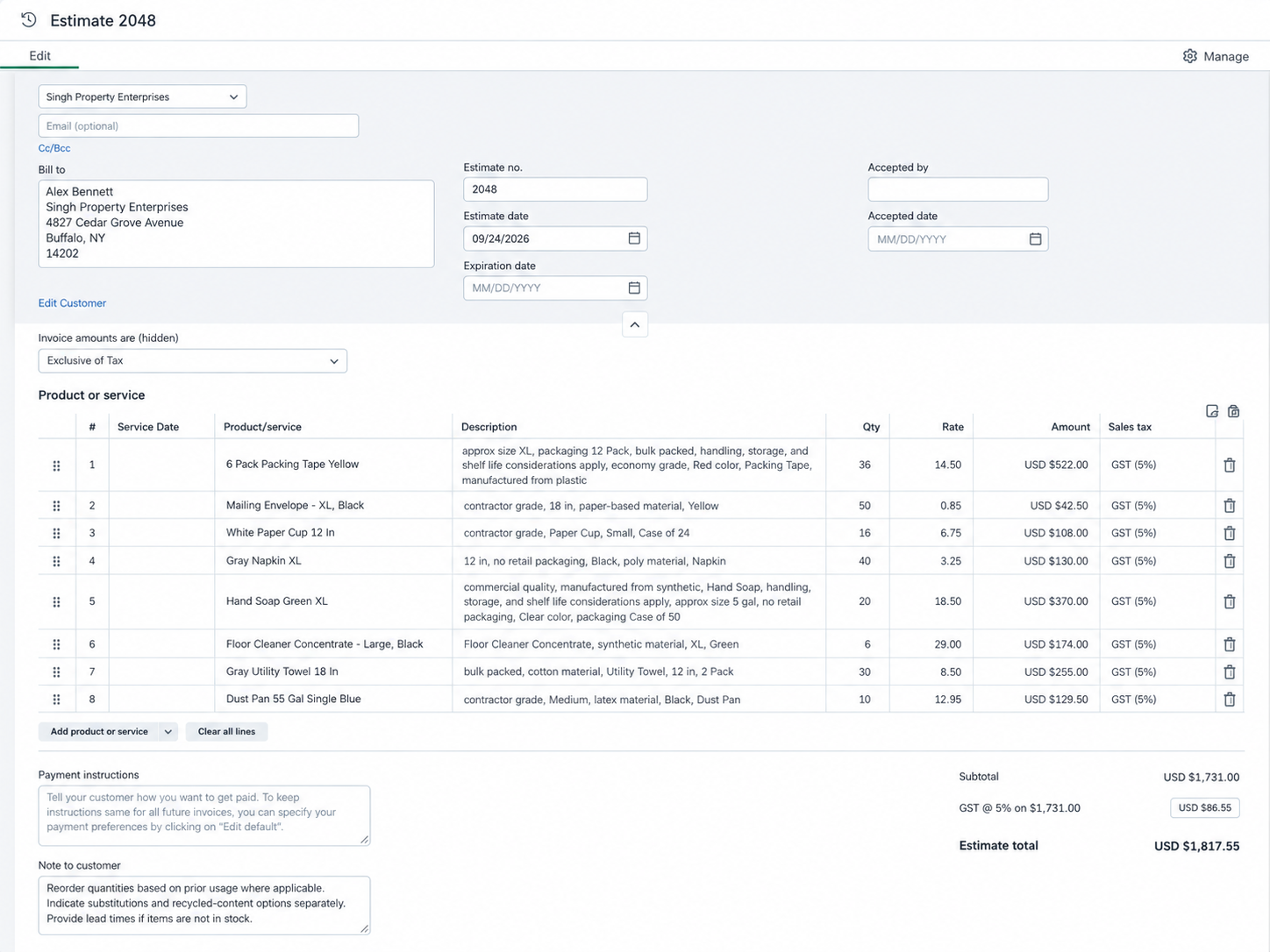 Example QuickBooks Online estimate 2048 for Singh Property Enterprises, dated September 24, 2026, containing eight matched products, the customer note and a sample total of USD 1,817.55.